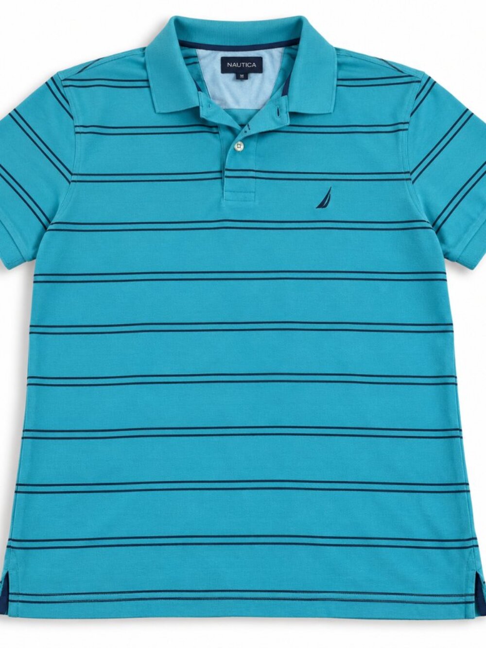 Nautica A Bit Trimmer Performance Polo Men M Teal Navy Striped Golf Preppy